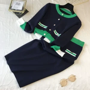 Sweater Manufacturer Custom Women’s Stripe Knitted Sweater Ribbed Outwear Cardigan Sets