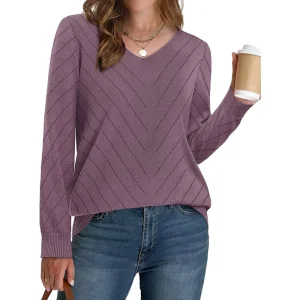 Sweaters for Women V Neck Casual Knit Long Sleeve Tops Lightweight Pullover Clothes Fall Fashion Outfits