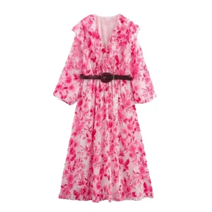 Sweet A-Line Midi Dress with Ruffles V-Neck Lantern Sleeves Floral Print Eco-Friendly Breathable Fabric for Women’s Summer Wear
