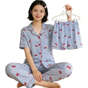 Sweet Crinkle Fabric Women’s Summer Sleepwear Striped Short sleeve 3 piece Loungewear Set