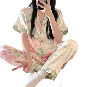 Sweet Design Drop shipping Ice Silk Satin Short Sleeve Women’s Sleepwear Asia Size M to 2XL Pajamas Sets