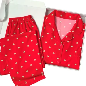 Sweet Love Print Spring and Autumn Long Sleeve Long Pants Women’s Lapel Comfortable Can Be Worn Out Loungewear