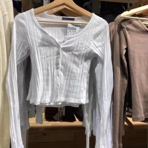 Sweet Solid Color Regular fitting Cotton Ribbed Knit Cardigan Long sleeve T shirt Women’s Clothing Top
