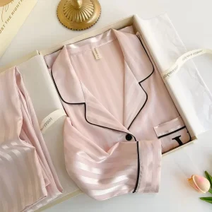 Sweet Striped Breathable Full length Women’s Ice Silk Pajamas Elegant Luxurious Long sleeved Summer Loungewear