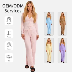 Sweethoney OEM Women’s Fashion Loungewear Sets Organic Cotton Knitted Rib Homewear Fashion Sexy Outdoor Loungewear for Women