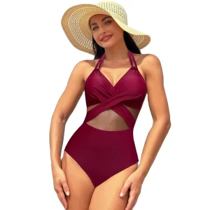Swimwear High Quality High Waist Solid Color Lace up Halter Bikini Women One Piece Mesh Swimsuits