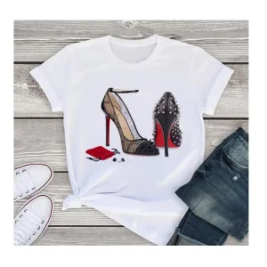 T-shirt High Quality Fashion Urban Girls High Heels Printed Loose O Collar Women’s Casual T-shirt Summer Sales