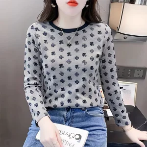 T-shirt Round Neck Pattern Women’s T-shirt Printed Long Sleeved Top Versatile Cotton Base Shirt Women’s Clothing