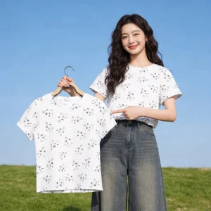 T shirt Women’s Casual Style Round Neck Short Sleeved Women’s Loose Round Neck Printed Niche Versatile Top Clothing