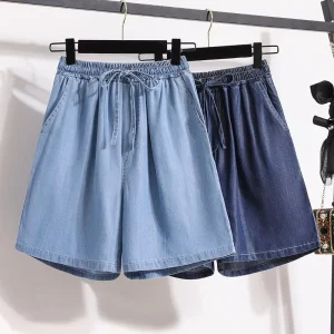 T26218 Women’s Denim Shorts New Fashion High Waisted Shorts Casual Ice Silk Loose Plus Size Wide Leg Shorts