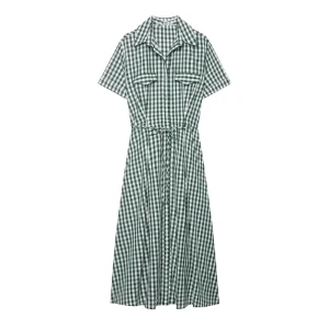 TAOP&ZA Spring Women’s Button-Closed Waist Belt Decorated Plaid Short-Sleeve Shirt Style Midi Dress 2507041