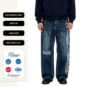 TaiDe Expert Streetwear Manufacturer Men Red Selvedge Washed Denim Jeans Embossed Denim Pants Vintage Straight Summer Autumn ODM