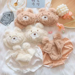 Teddy Bear Bra and Panties Sets Lingerie Plush Low-rise Cartoon Small Chest Gathered Sexy Breathable Adjustable Straps Wire Free