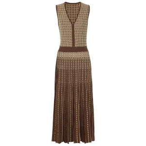 Temperament Commuting Knitted A-line Dresses Gradient Vertical Stripes Women’s Sleeveless V Neck Pleated Slim Long Dress
