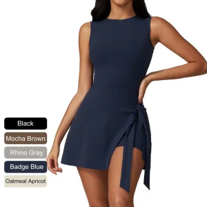 Tennis Dresses for Women Sleeveless Crew Neck Knot Romper Built in Shorts U Shaped Back Workout Athletic Dress