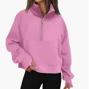 Terry Half Zipper Women’s Winter Hooded Sweatshirt Long Sleeve Pullover Plain Oversized Breathable Hoodie