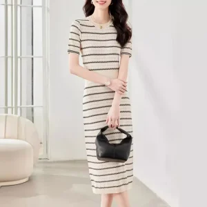 Thick Ice Silk Knitted Women’s Summer Spaghetti Strap Striped Waist Cinching Slim Fit Midi T Shirt Dress