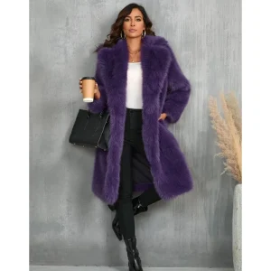 Thick Windproof Purple Outerwear Jacket Woman Fluffy Faux Fur Long Coat