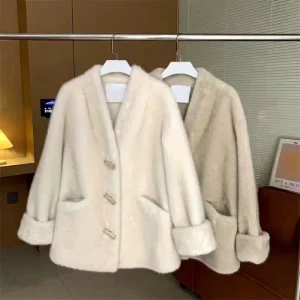 Thick Women’s Short V-neck Cardigan Glass Buttons Waterfowl Fur Eco-friendly Faux Fur Coat in Cold Weather