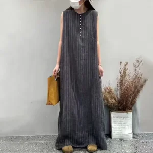 Top Comfortable Premium Textured Solid Empire Waist Summer 100% Linen Breathable Chiffon ODM Women’s Loose Sleeveless Maxi Dress