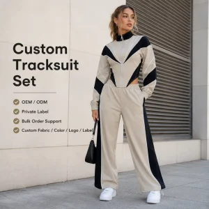 Tracksuit Set Manufacturer Womens Contrast Color Block Stand Collar Zip Up Jacket With Wide Leg Pants Tracksuit Set