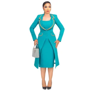 Trendy Elegant Women’s Office Wear Two Piece Suit Set with Inner Dress Knit Fabric Anti-Wrinkle V-Neck