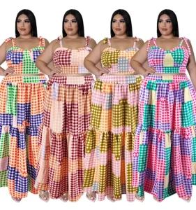 Trendy Ladies New Summer Plus Size Women’s Loose Sexy Plaid Suspender Top Two Piece Maxi Skirt Set