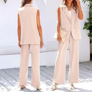 Trendy Ladies Suits Office Wear Sleeveless Suit Collar Vest and Straight Pants Set Two Piece Outfits for Women