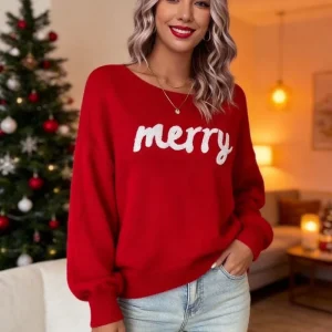 Trendy Letter Towel Embroidery Women’s Christmas Sweater Soft Crew Neck Knit Pullover Aesthetic Boutique Holiday Jumper