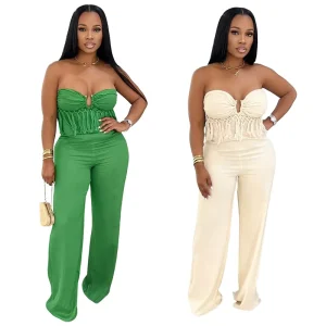 Trendy Summer Jumpsuit Women Casual Stretch Fabric Strapless Tassel Slim Fit Wide Leg Jumpsuit