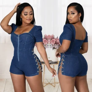 Trendy Women Denim Rompers Stretch Zipper Patchwork Jeans Romper One Piece Lady Denim Jumpsuit Elegant