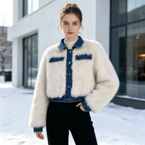 Trendy Women’s Denim Collar Patchwork Jacket Custom Made Warm Jackets for Fall and Winter Factory