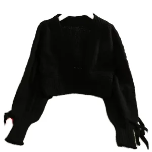 Trendy Women’s Knitted Cardigan Coat Long Lantern Sleeves Bow Tie String Short Length Casual Style Solid Print for Autumn Winter