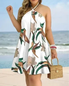 Tropical Print Halter Neck Dress Vacation Style Backless Dress for Spring Summer Women’s Clothing