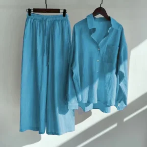 Trousers Sets Long Sleeved Single Breast Casual Women Shirt Wide Leg Pants 2 Pieces Outfits Elegant Summer Women’s Suit