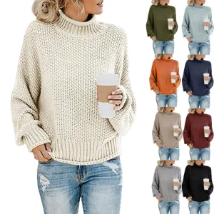 Turtleneck Long Sweater Women Autumn Winter Knitted Loose Fit Solid Color Plus Size 100% Acrylic Office Commuter Sweater