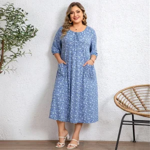 Two Colors Women’s Casual Knit Dress O neck Half sleeves Loose Fit Skirt with Pocket Daily Wear or Vacation Outfit