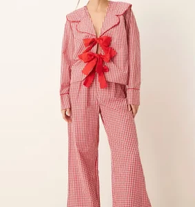 Two-Piece Gingham Pajama Set For Women Elastic Waist Long Sleeve Wide Leg Pants Lounge Sets Breathable Summer Autumn Pajama Set