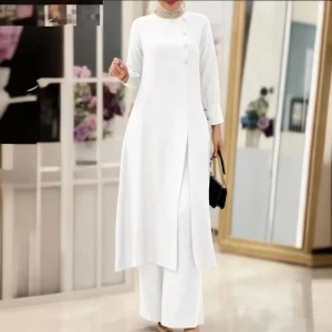 Two Piece Indonesian Muslim Women’s Abaya Handmade Polyester Long Shirt Wide Leg Pants Plus Size Ankle Length for Spring Winter