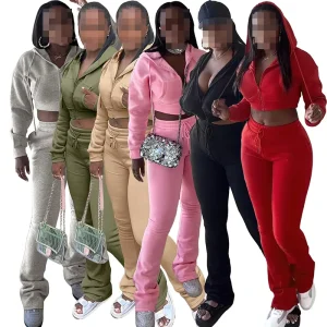 Two Piece Set Women Clothing Flared Pant Zip up Loungewear Ladies Outfits Stack 2 Pc Sweatpants and Hoodie Women’s Sets