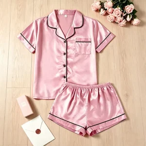 Two Piece Solid Color Satin Women’s Pajamas Elegant and Smooth Short Style Loungewear