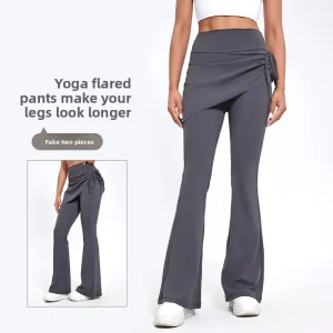 Two Piece Solid Wrinkle Resistant Tummy Control Women’s High Waist Flared Leg Full Length Hip Lifting Spandex Nylon Yoga Pants