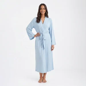 Ultra Soft Modal Kimono Robe for Women Lightweight Breathable Long Bathrobe Blue Knit Loungewear Sleepwear with Waist Tie