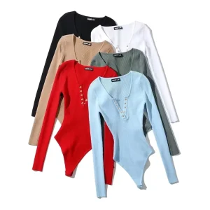 United States INS Women’s Long Sleeved Elastic Slim One Piece Bodysuit V Neck Half Open Buckle Knitted Shirt Skinny Solid Summer