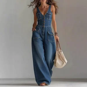 V Neck Button Front Cotton Denim Jumpsuit High Waist Wide Leg Statuesque Romper Gown Women’s Denim Overalls