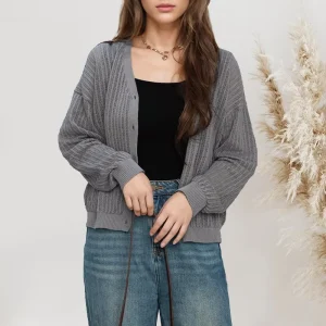 V Neck Cotton Linen Women’s Knitted Hollow Out Cardigan Top Solid Color Thin Sweater for Ladies