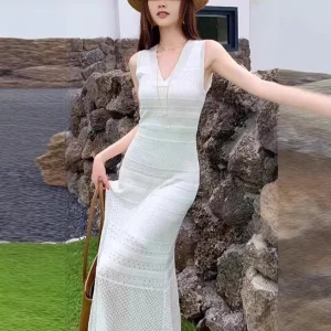 V Neck Hollow Out Solid Knitted Dress Women’s Summer Waist Cinching Sexy Elegant Chic Hip Hugging Empire
