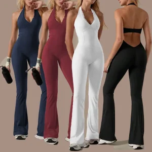 V Neck Lace Women’s Jumpsuit Trim Halter Backless Flared Pants High Elastic Four Way Stretch Breathable Full Length