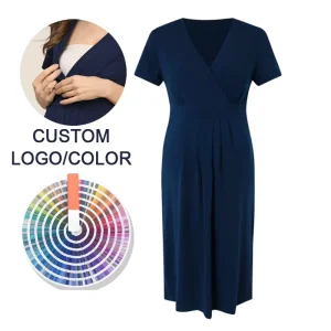 V Neck Maternity Clothes Dress Pregnant Women’s Clothes Short Sleeve Knee Length Dress High Waist Breastfeeding Dress