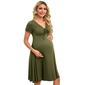 V Neck Maternity Dress for Pregnant Women Casual Knee Length Woven Dress Summer Short Sleeve A line Gravida Dresses